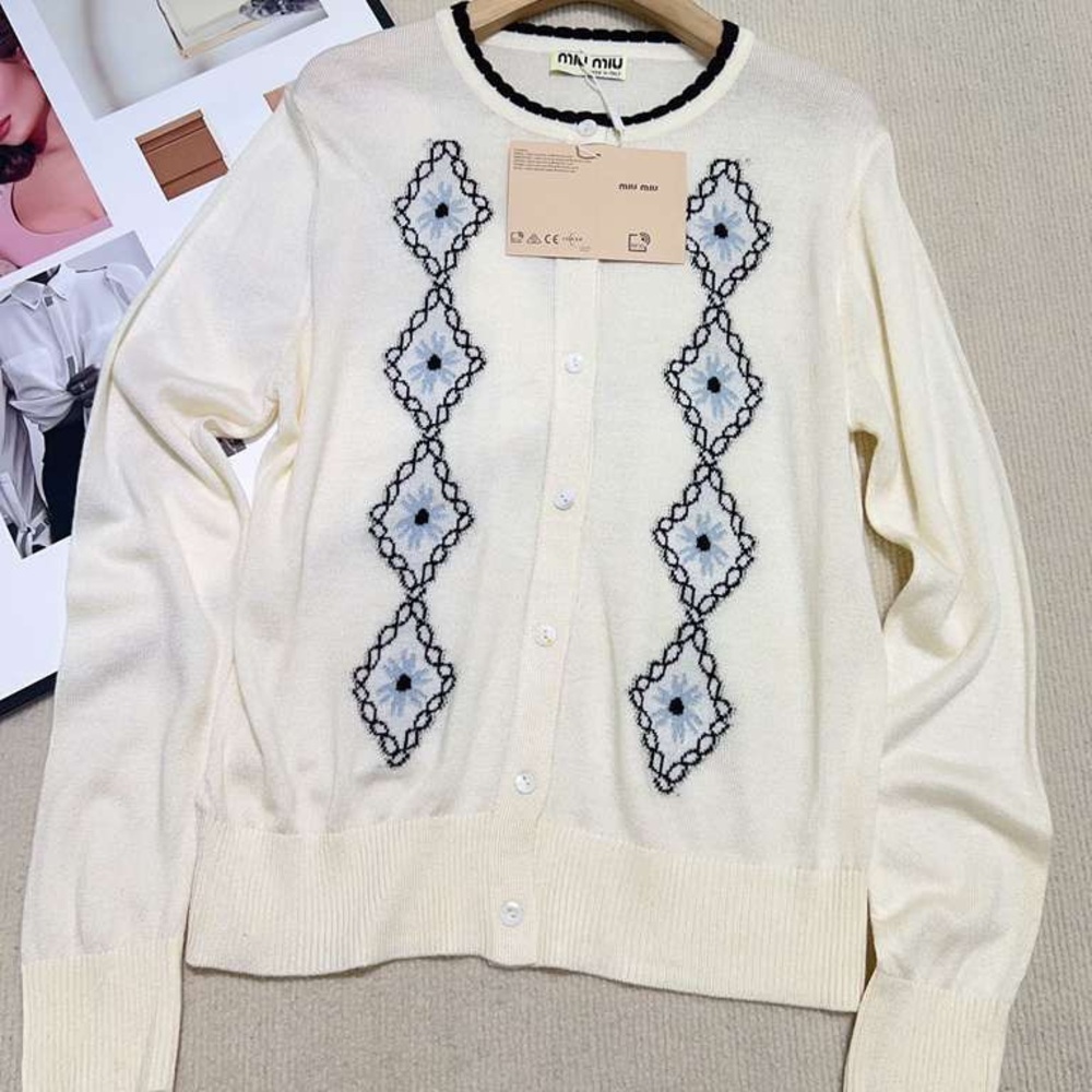 Miu Miu Ivory and Black Patterned Cardigan